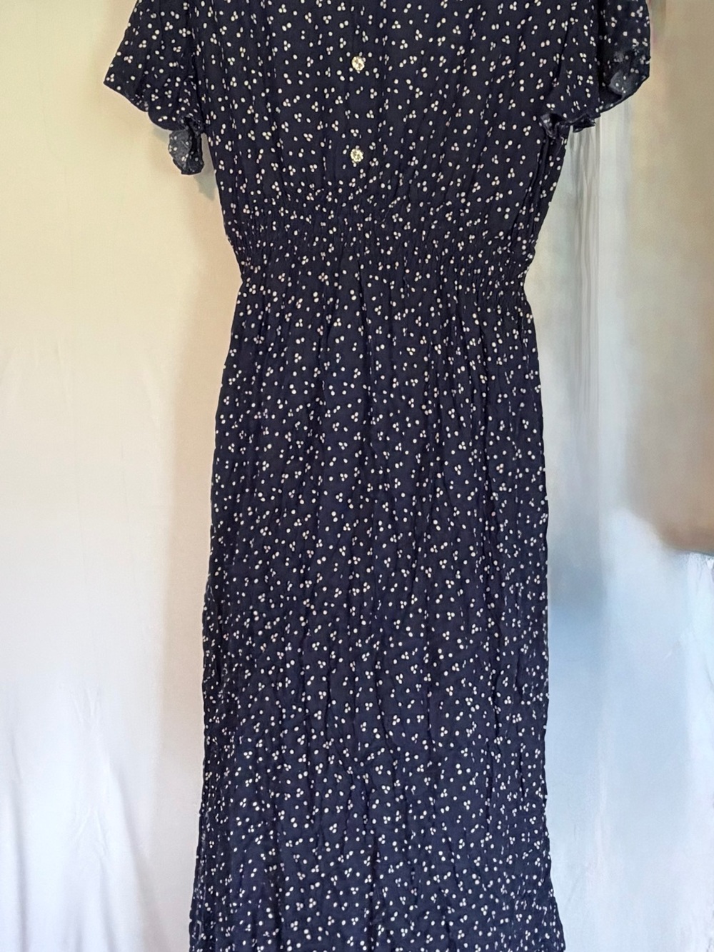 Smocked Navy Midi Dress with White Dot Print